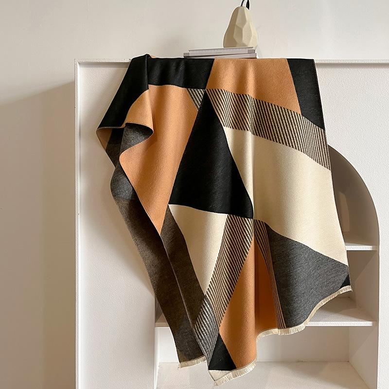 Autumn And Winter Cape Imitation Cashmere Air Conditioner Shawl Thickened Simple Warm Student Extended Plaid Double-Sided Scarf Female