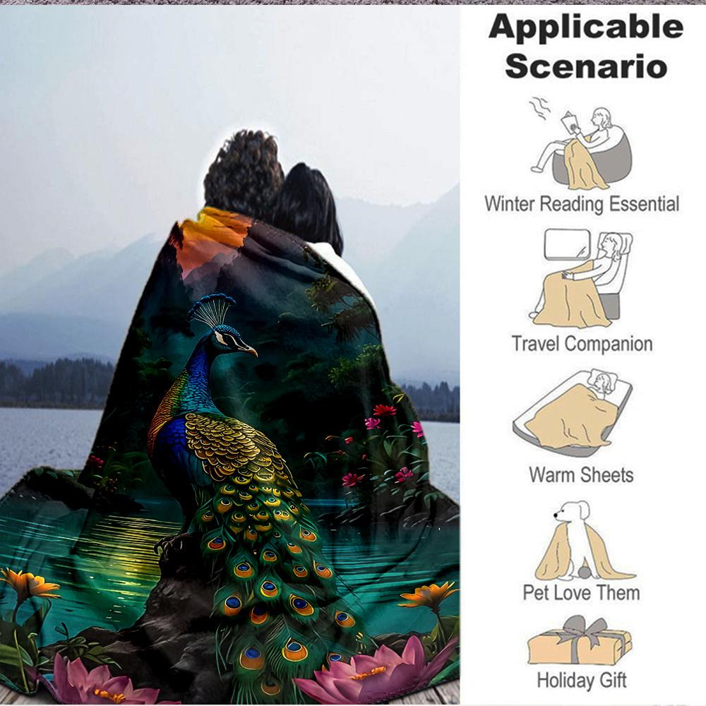 1pc Peacock Nature Scene Blanket, Lightweight Flannel Throw For Sofa, Bed, Travel, Camping, Livingroom, Office, Couch, Chair, And Bed,