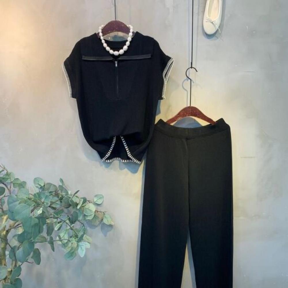 C S In The Room Cano End StitCh Cap Sleeve Zip Knit Wide pantS Set 3 ColorS