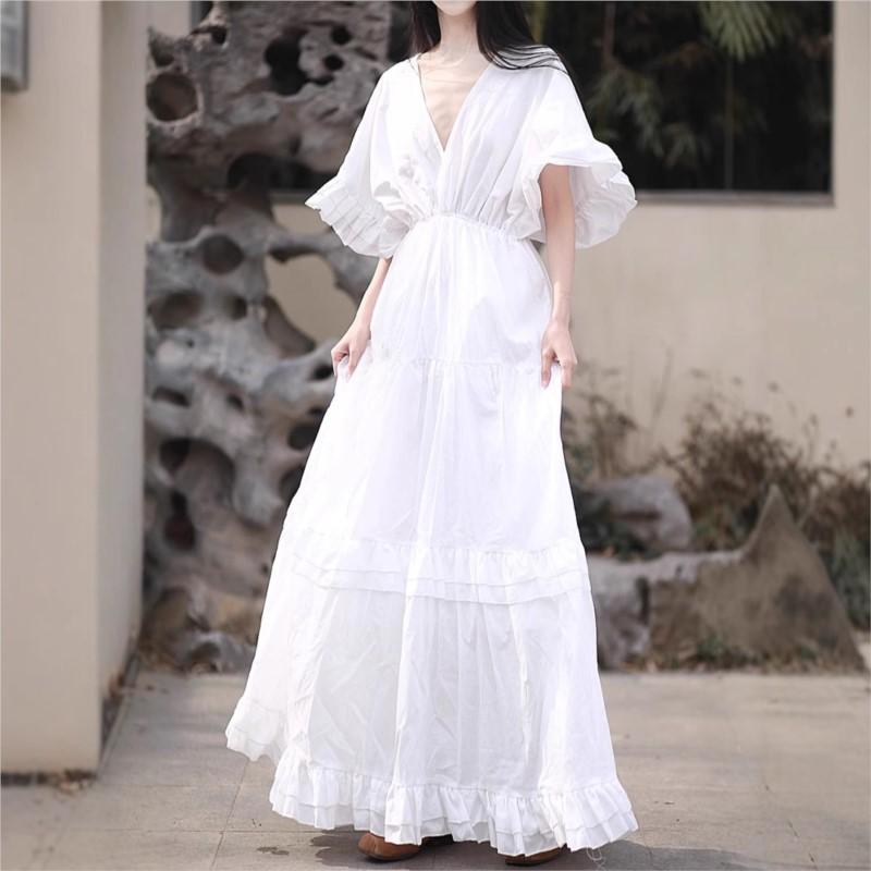 Johnature Women Vintage Tierred Dress V-Neck Short Sleeve Solid Color Summer Patchwork Casual Female Dress
