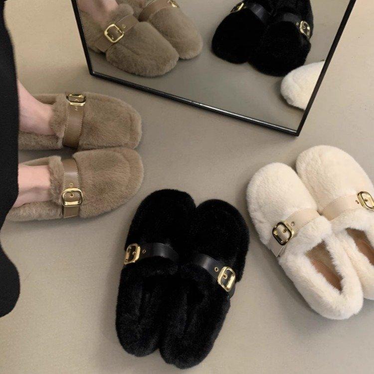 Flat-bottomed plush shoes female autumn and winter mink hair warm fairy wind Doudou cotton shoes