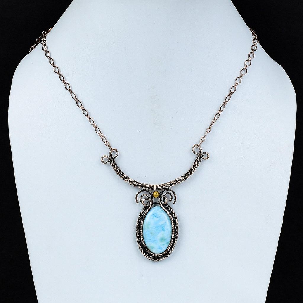 Larimar Necklace Copper Wire Wrapped Jewelry Gemstone Necklace Adjustable Necklace Copper Wire Wrapped Necklace Handmade Jewelry For Gifts
