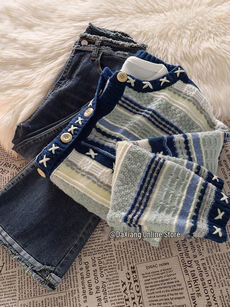 Retro Koreanischer Strick-Cardigan und Schlagjeans Set für Damen