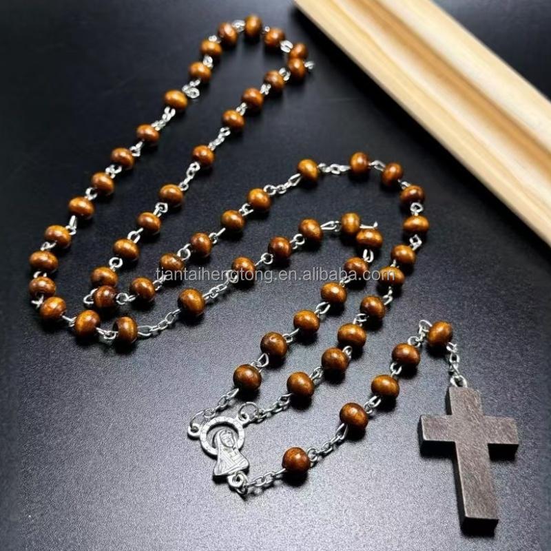 Cheap 6*7mm Dark Brown Rosary Virgin Mary Rosaries Wooden Beads Religious Catholic Necklace Blank Cross Pendant in Stock
