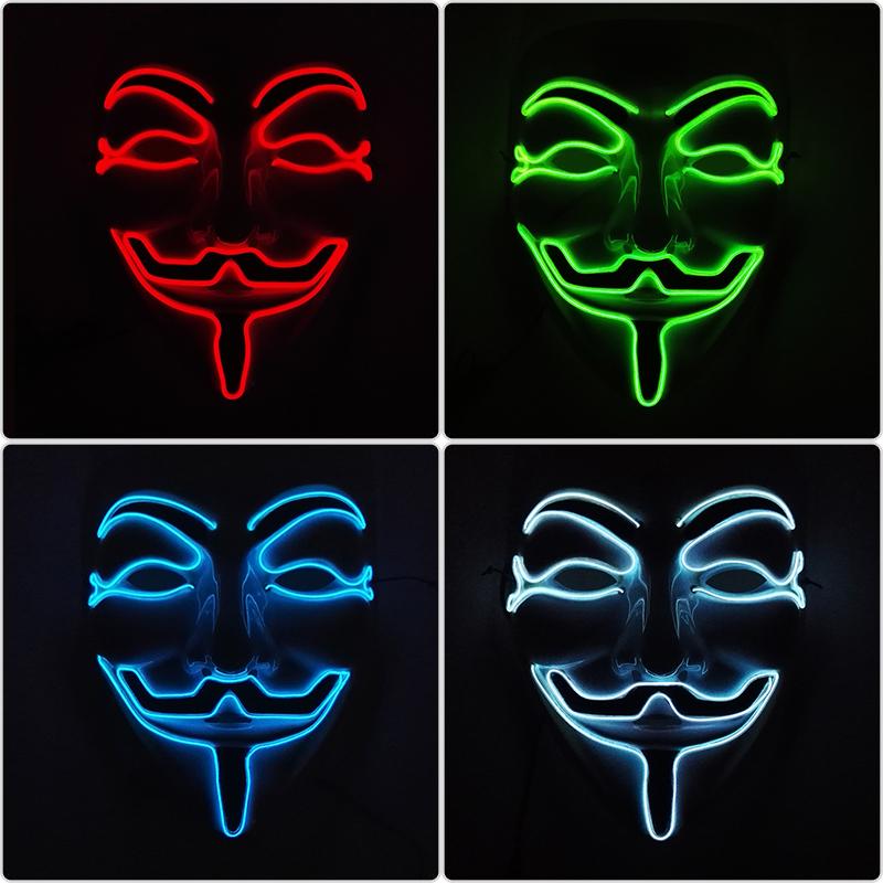 Halloween Glowing V Mask EL Wire Neon Light Up Anonymous Mask Cosplay Horror Luminous Mask for Man Women Haunted House Props