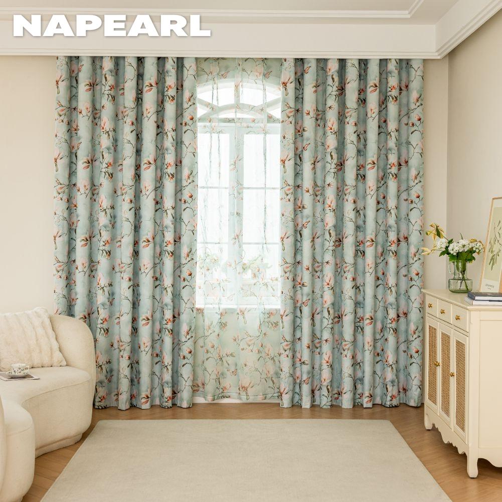 1PC NAPEARL Vintage Pastoral Green Floral-print Curtain Full Blackout Curtains for Bedroom Living Room Balcony Window for Home Decor