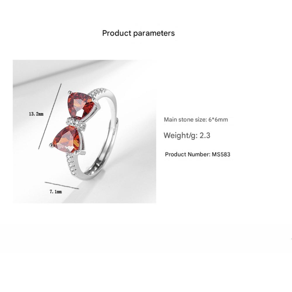 925 Sterling Silver Stylish Delicate Red Zircon Bow Ring, Birthday Party Anniversary Gift, Ladies Jewelry