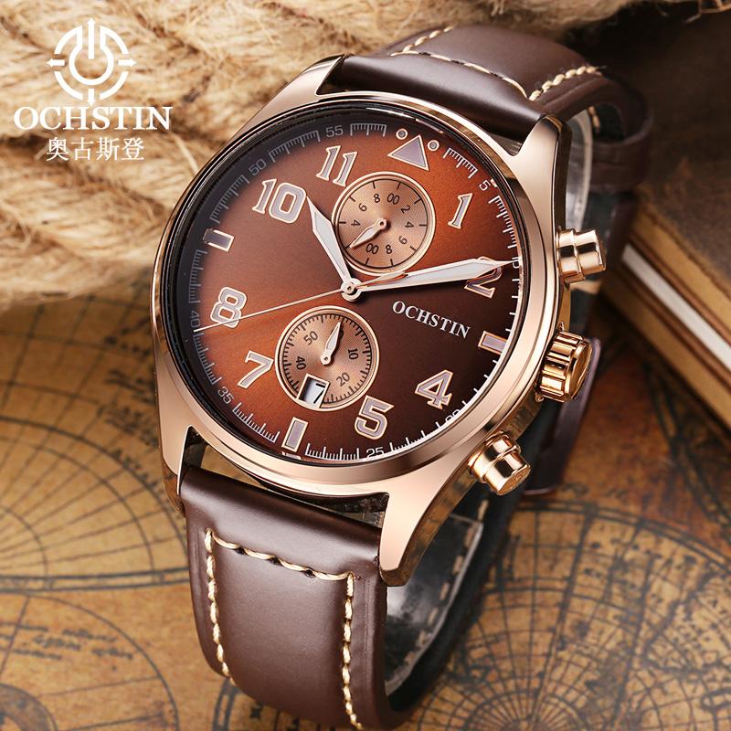 Quartz Chronograph Watch Luminous Waterproof Wrist Watch Leather Strap Date Function Pilot Style