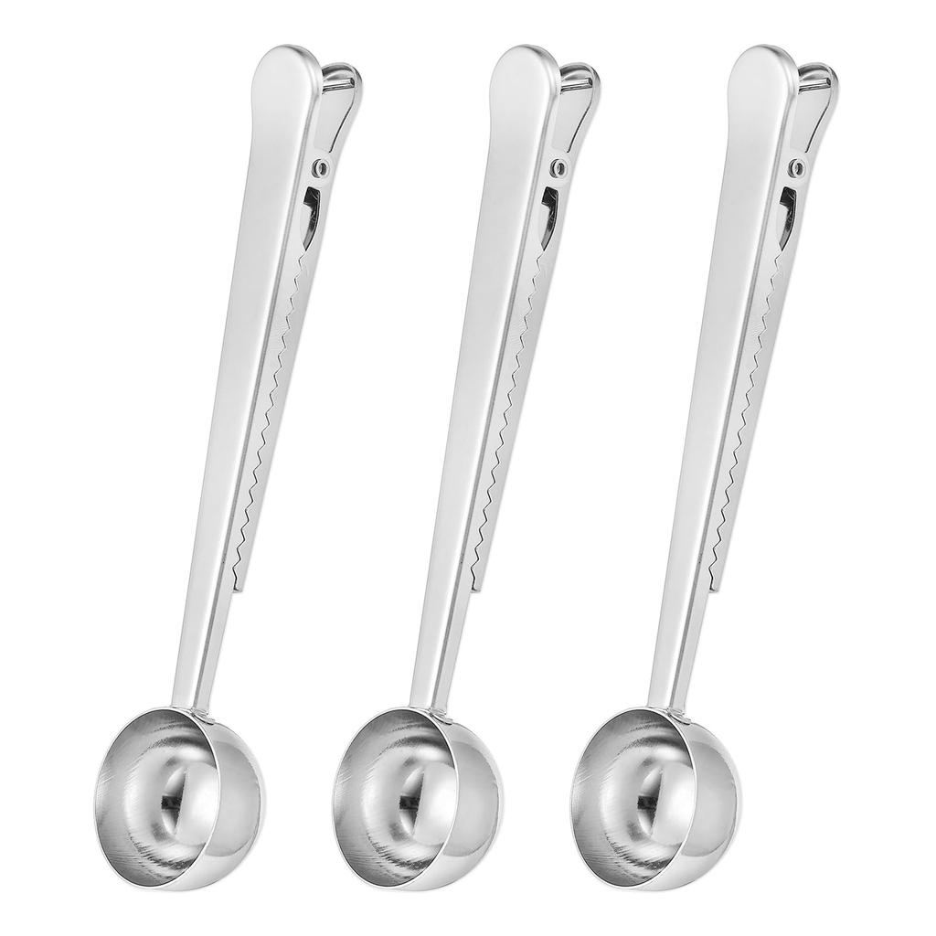 uxcell 3-Piece Set: Coffee Spoons with Clips, Stainless Steel Measuring Spoons & Bag Clips (Silver)