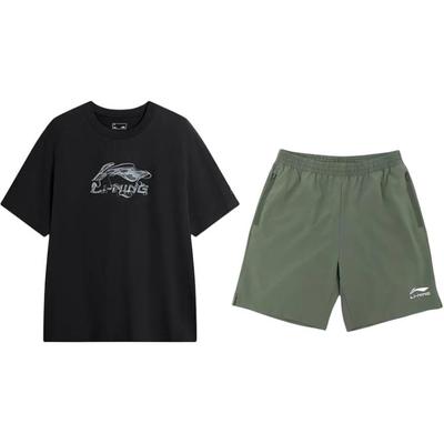 Li Ning Logo Letter Print Fashion Loose Comfortable Round Neck Pullover Short Sleeve T-Shirt Casual Sports Set Unisex Tops AHSVD57-1+YKSV147-1