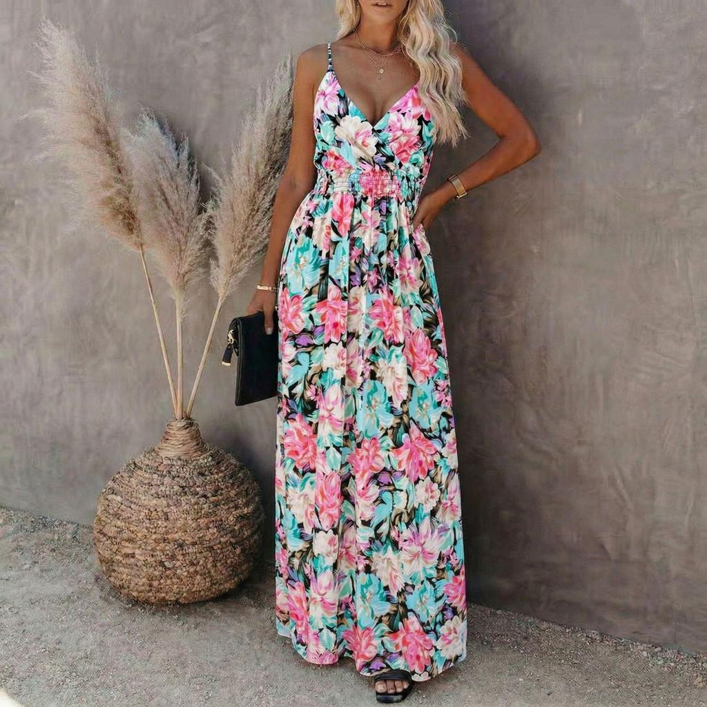 Women’s Floral Print Maxi Dress Sleeveless V Neck Adjustable Spaghetti Strap Long Summer Dress Casual Loose Fit Beachwear