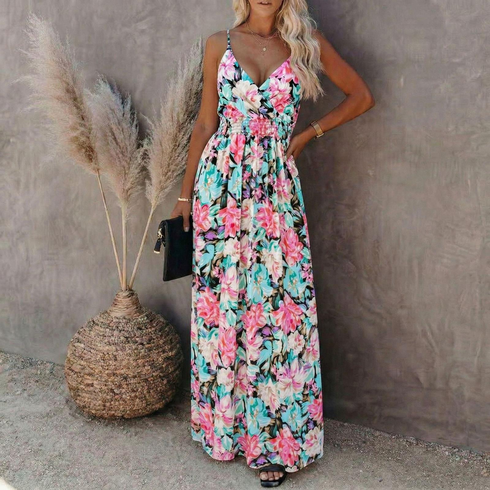 

Women s Sleeveless V Neck Spaghetti Strap Floral Print Maxi Dress with Elastic Waist and Flowing Skirt for Summer Beach Vacation L