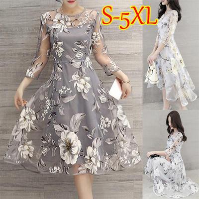 Frauen Koreanische Sommer Chiffon Rundhals Abgeschnitten Ärmel Gedruckt Blumen Kleid