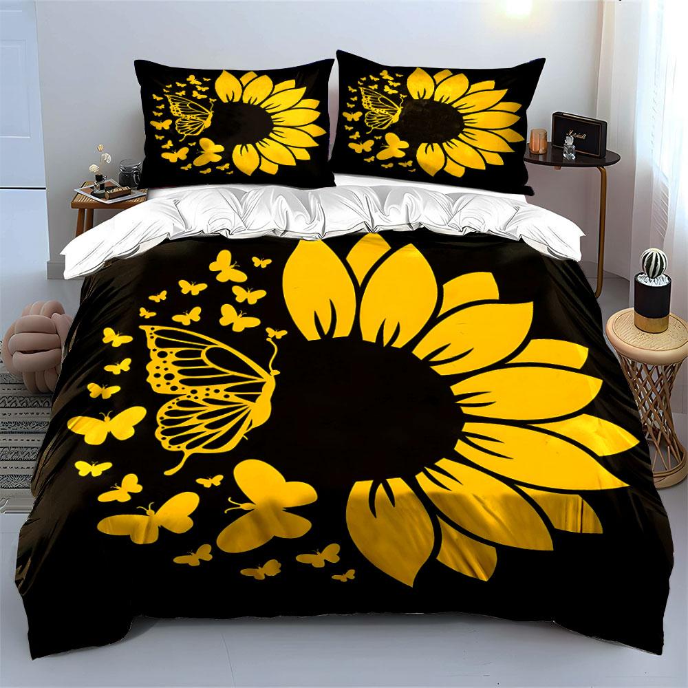 Sunflower And Butterflies Decor Set  Kid'S And Adults' Bedroom Decor, Exquisite Three-Piece Bedding Set Gift