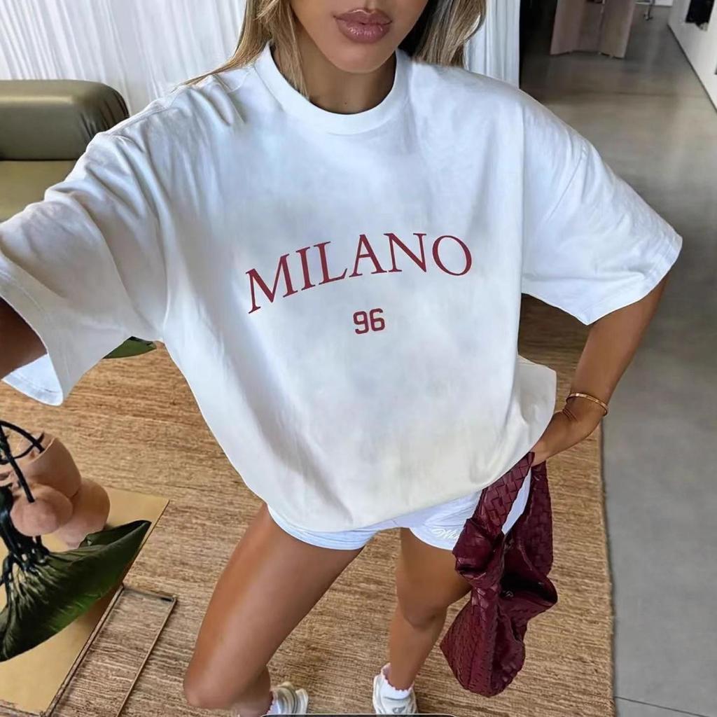 Camiseta de Algodón Holgada de Verano para Mujer - Estilo Europeo y Americano, Longitud Media, Manga Corta, Diseño Estampado Versátil