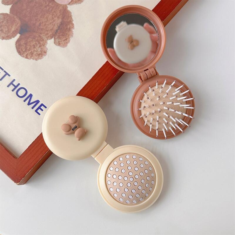Portable Mirror Comb Travel Mini Brush Hand Mirror Set white