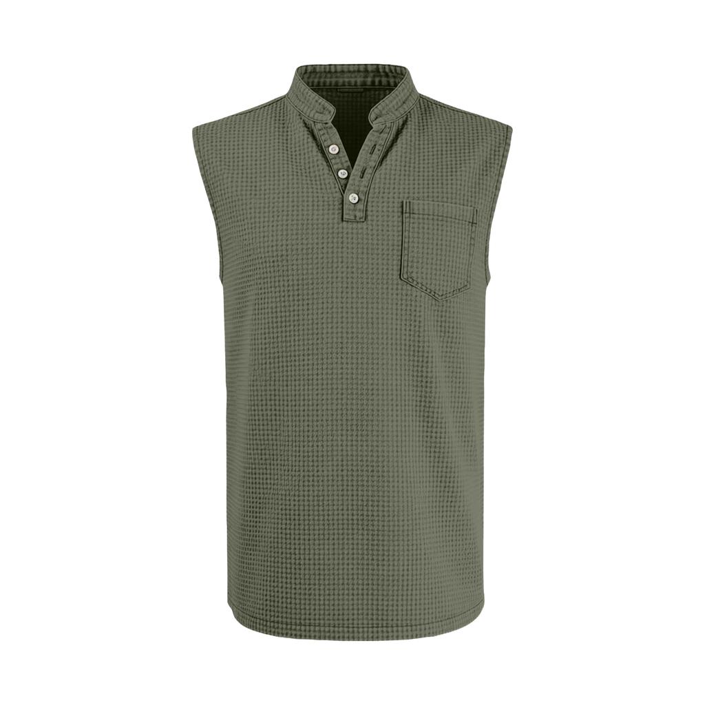 Men Knit Sleeveless Henley Neck Tank Top Casual Relaxed Fit Button Front Vest with Chest Pocket