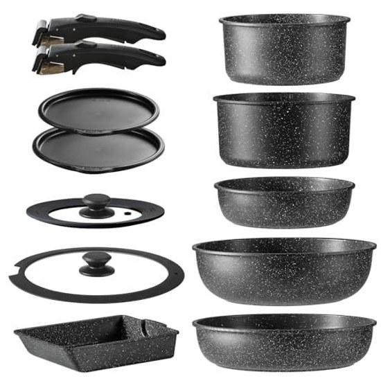 CAROTE Frying Pan Set 12 Pieces IHGas Compatible No Harmful Substances Like PFOA Professional Grade 5-Layer Structure Lightweight Detachable Handle EW