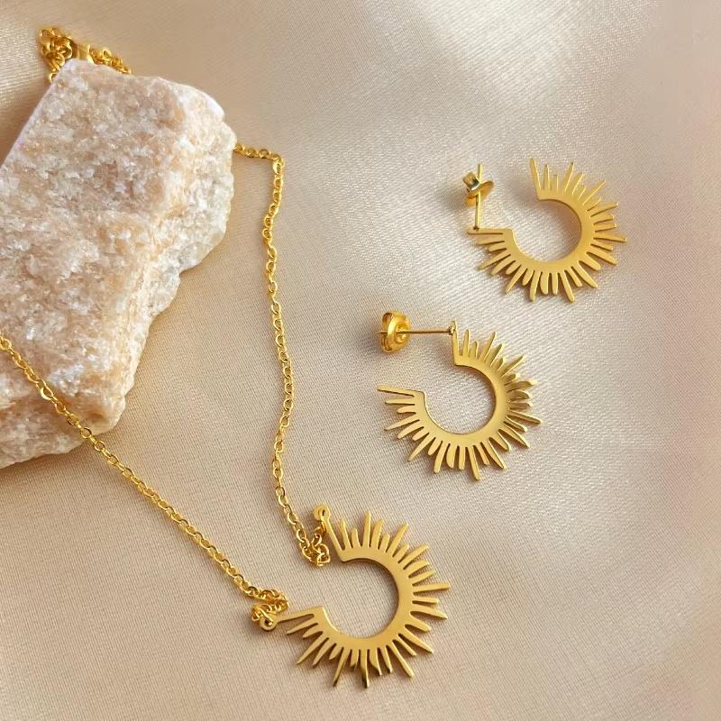 Simple Fashion Sunflower Bridal Sets Gold Plated Stainless Steel Necklace Earrings  Sets Suitable  For Party Gifts