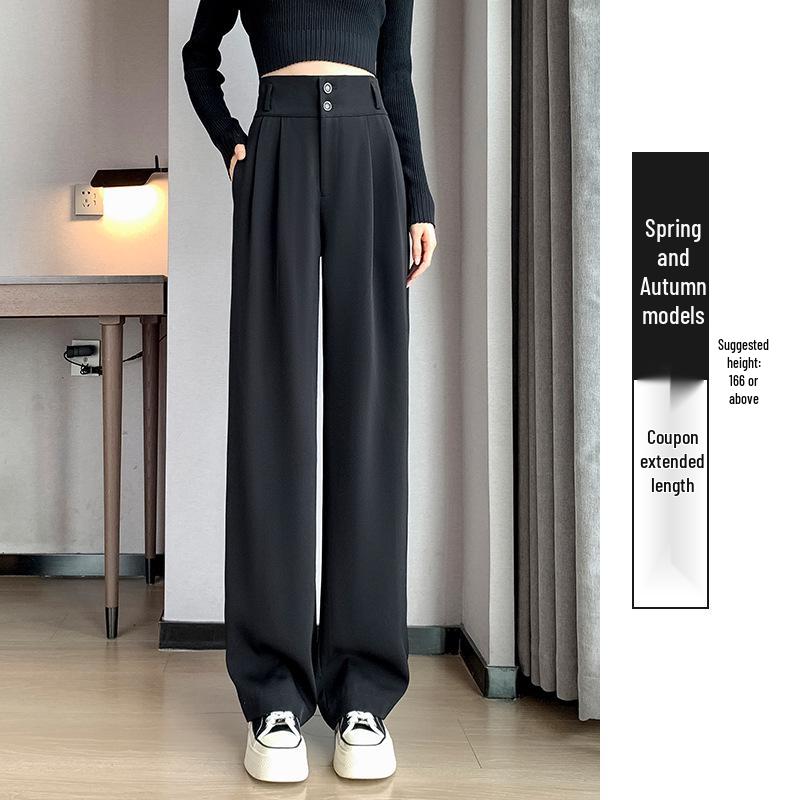Pantaloni negri cu talie înaltă și picior larg pentru femei 2025: Subțiere, Drapat, Casual, Stil de primăvară/toamnă