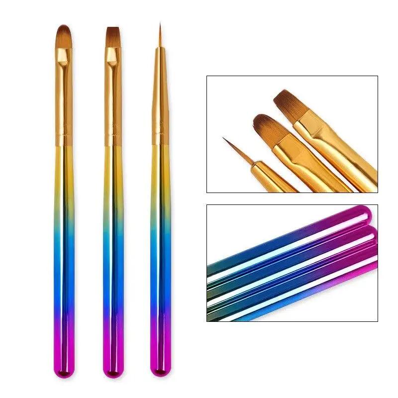3Pcs Nail Art Brush UV Gel Polish Painting Line Flat Builder French Petal Gradient Tips Design Flower Tools Manicure Draw Pen