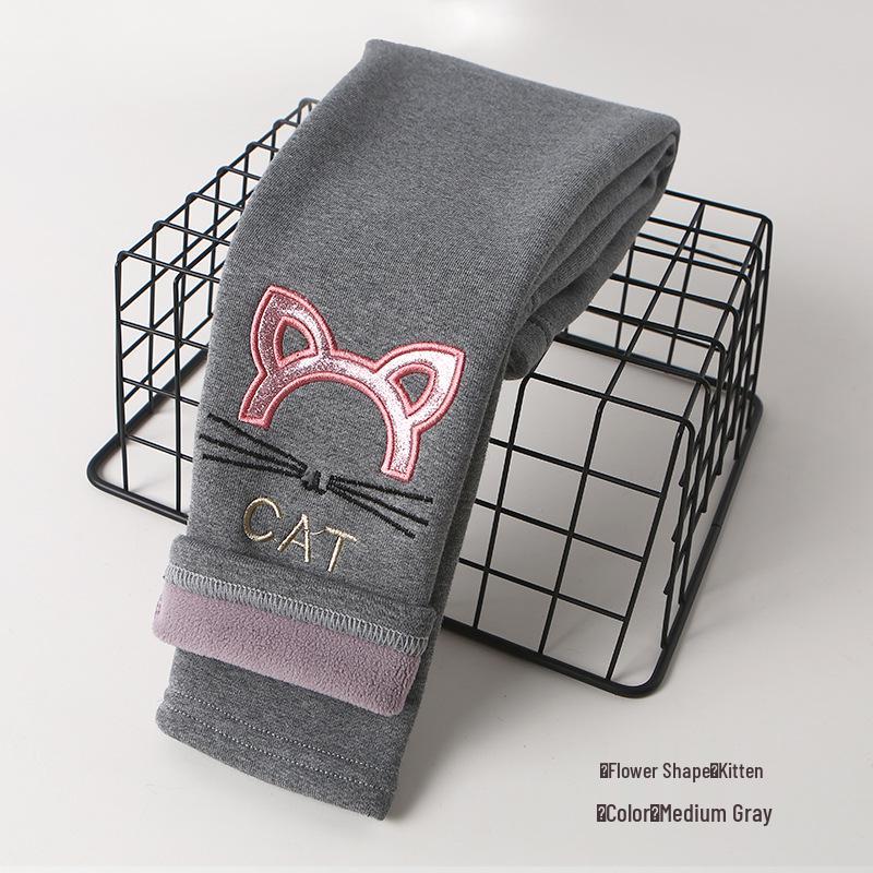 

Детские зимние леггинсы на флисовой подкладке: Хлопковые брюки с вышивкой котенка 150cm