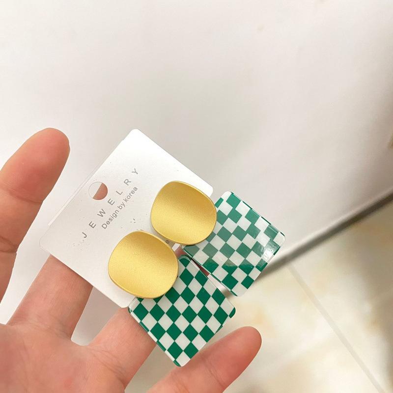 New 111 silver needle personalized design plaid earrings women's, European and American exaggerated geometric square earrings temperament earrings