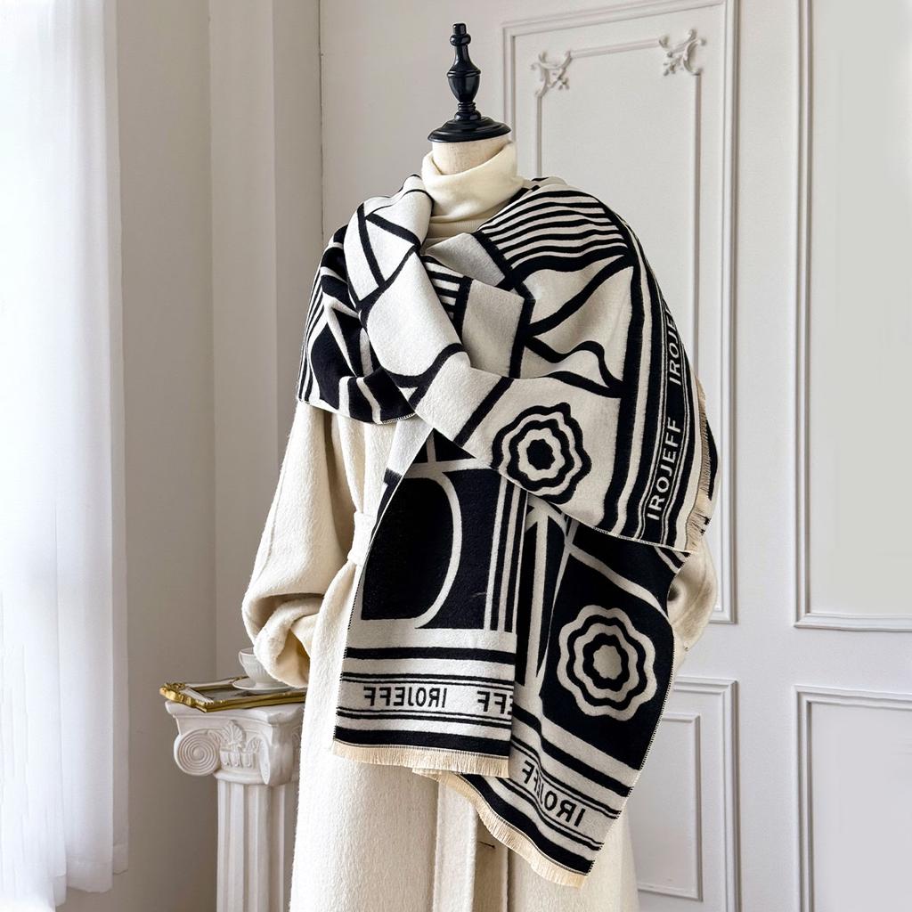 New Brand Elegant Two-Sided Geometric Jacquard Pashmina Scarf - Soft Warm Fringe Shawl, Winter Coldproof Windproof Blanket