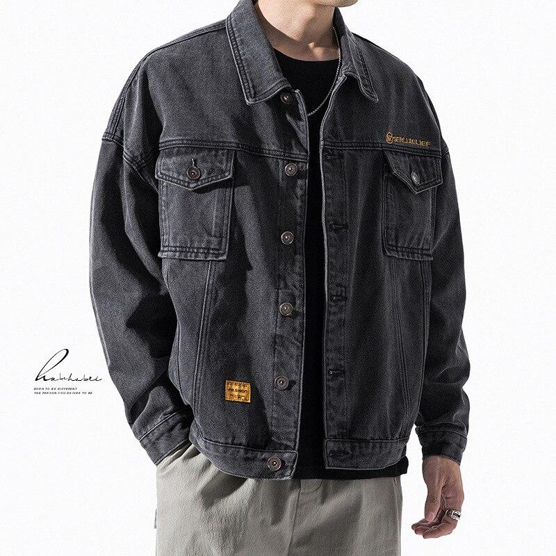 Giacca con tasche in denim Cappotto da tuta allentato selvaggio da studente di tendenza maschile