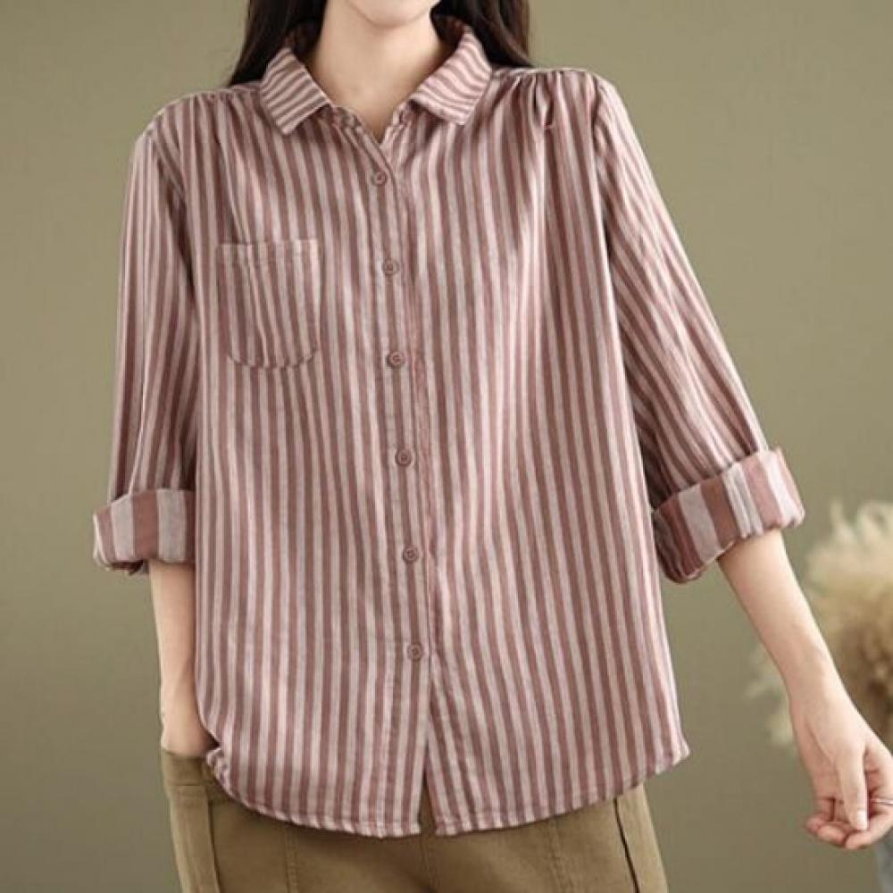 Navava Women Retro Stripe Long Sleeve Shirt Nb2977