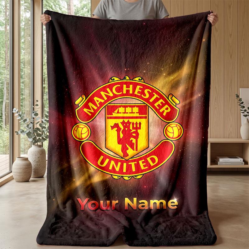 Coperta in Flanella Personalizzata con Nome Testo Manchester United Logo Calcio Plaid in Pile Personalizzato Regalo Speciale per Divano Camera da Letto Casa