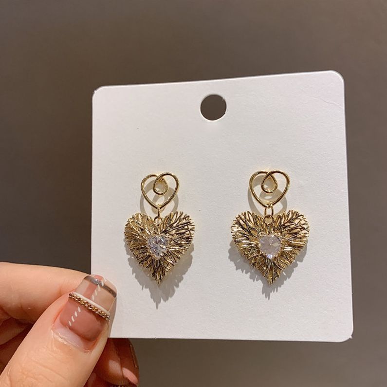 Brincos de prata S925 com haste longa de coração duplo e franjas de diamante, formato de coração com cravação de diamantes, brincos de tarraxa para mulheres East Gate Love