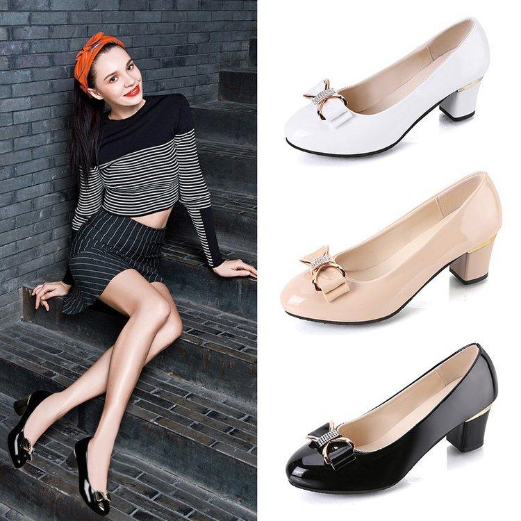 Rhinestone High Heels Autumn New Round Head Shallow Mouth Bow Single Shoes Thick Heel Occupation