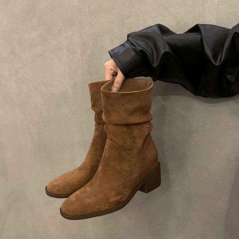 Retro stacking boots women's summer and autumn 2025 new thin khaki Martin boots thick heel photo cowboy short boots women