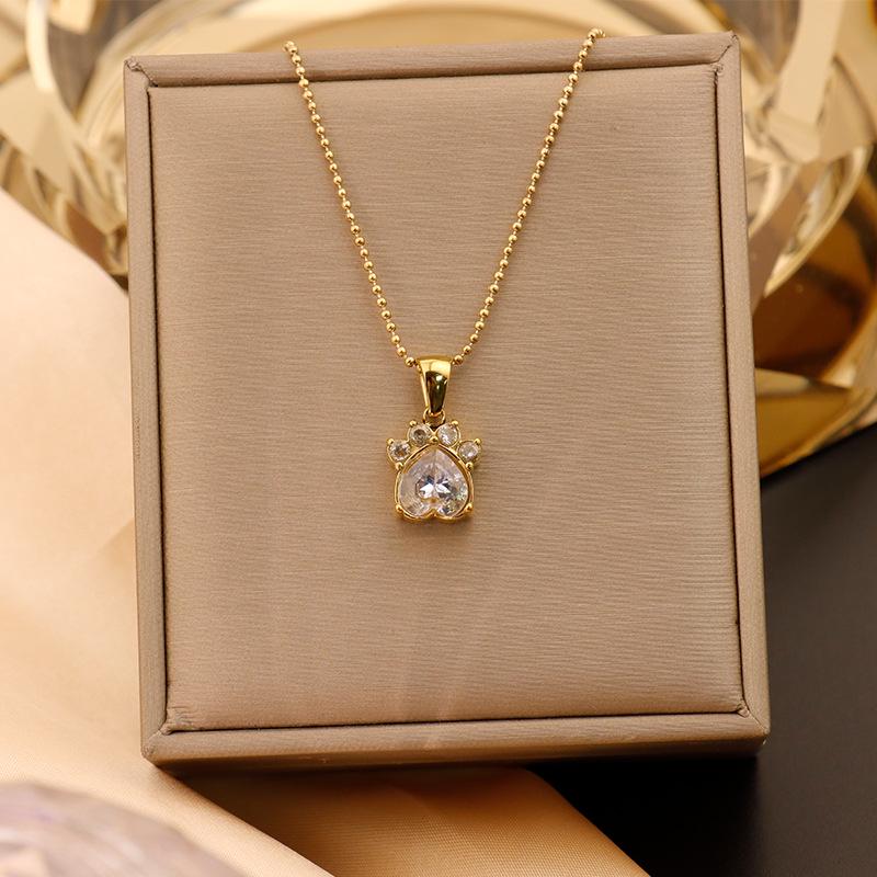 18K Gold-Plated Titanium Cat Paw Pendant Necklace with Colorful Zircon Hearts for Women