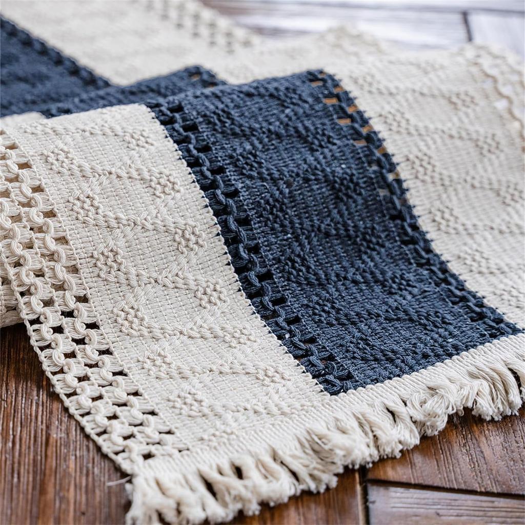 Böhmische Rustikale Hochzeitsdeko Baumwolle Leinen Tischläufer mit Quasten