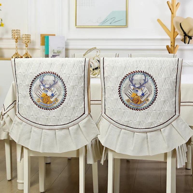 Modern Minimalist Rectangular Dining Table Cloth Chair Cover Solid Color Embroidered Tablecloth Chair Backrest Cover Cushion Set