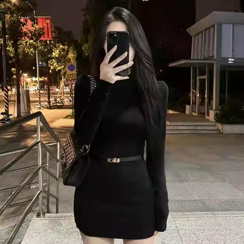 Black High Neck Long Sleeve Knit Bodycon Dress Women Slim Fit Short Mini Fall 2025