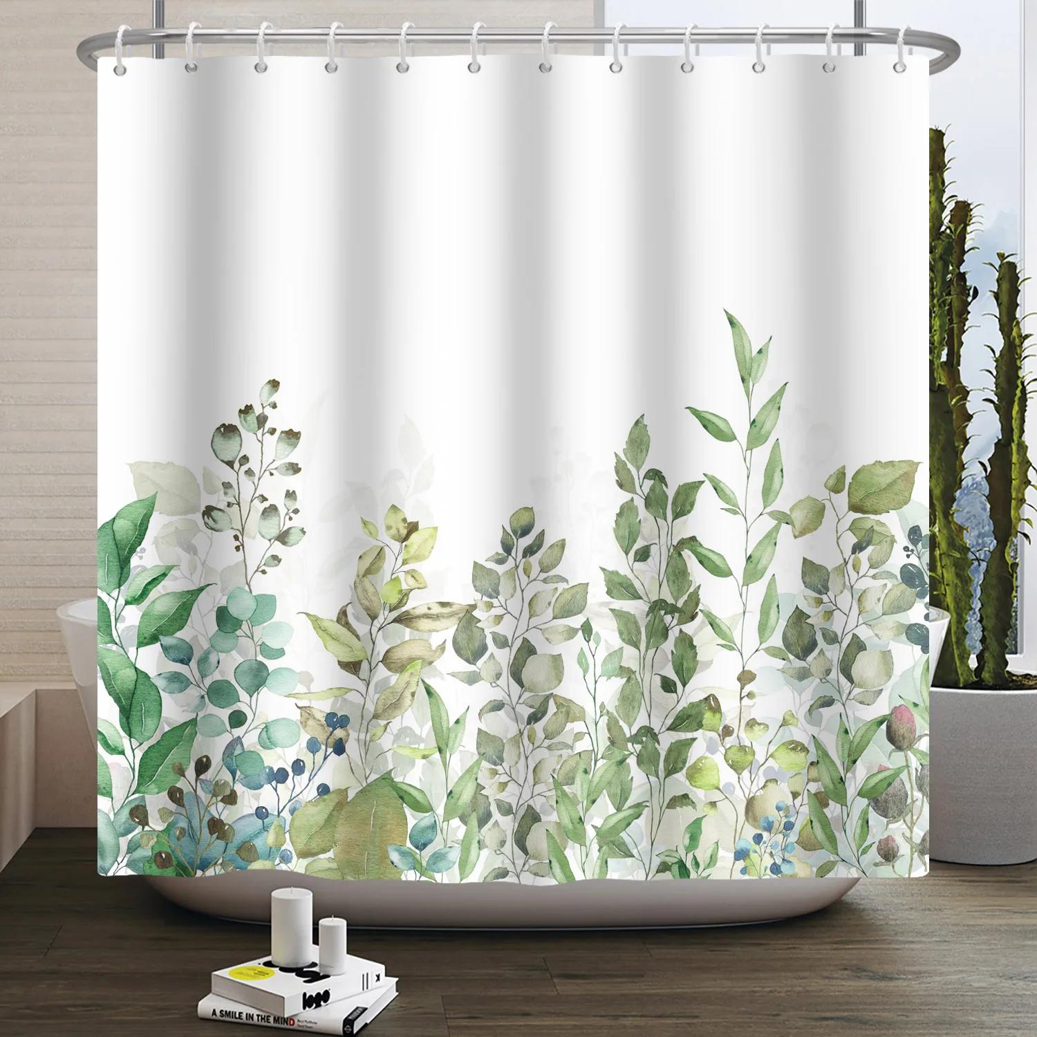 

Small Fresh Shower Curtain Hand Painted Plant Watercolor Waterproof Polyester Shower Curtain With Hooks For Bathroom Decoration W60H190(CM)-1 Pcs