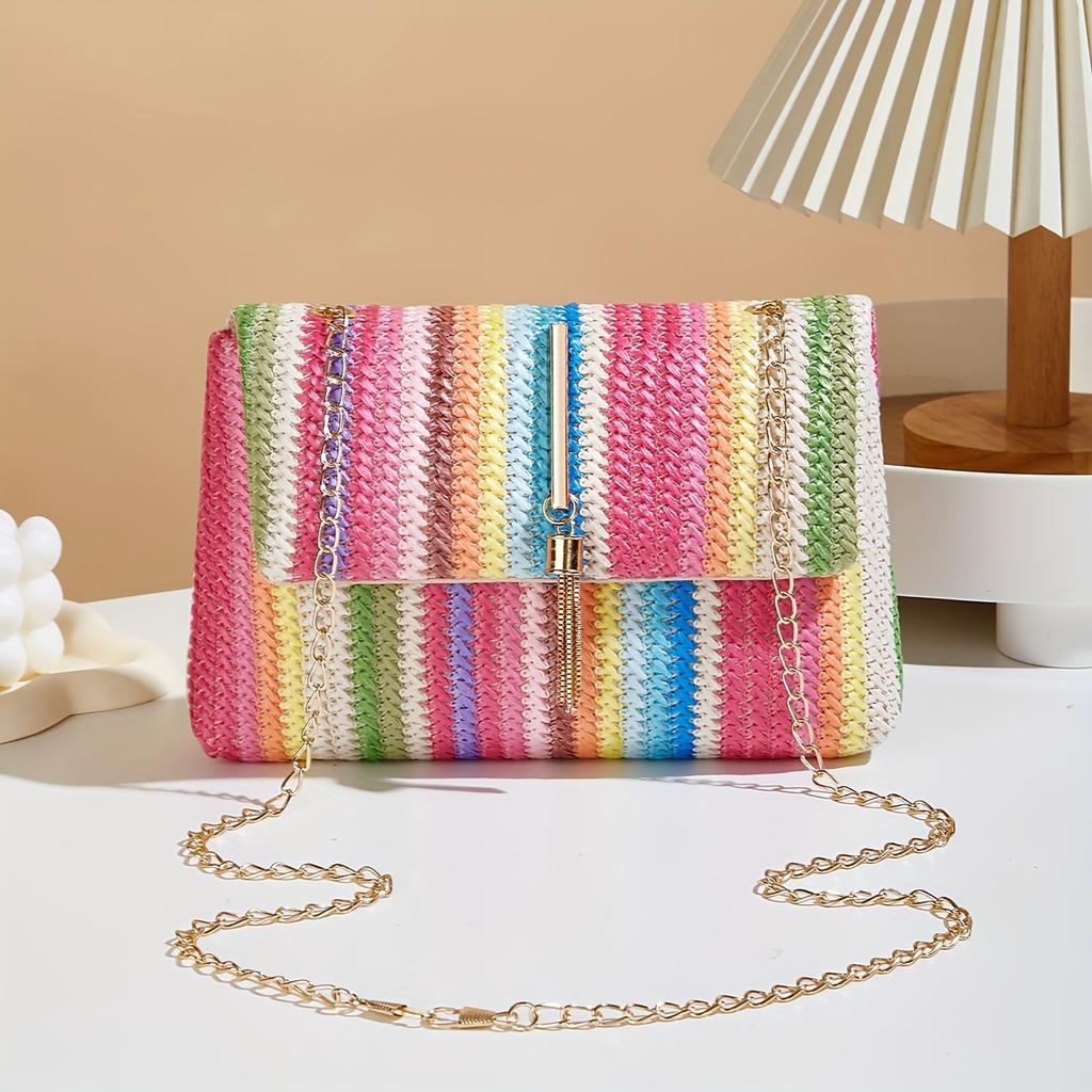 Bunte gestreifte gewebte Umhängetasche für Damen, Elegante Handtasche mit abnehmbarem Riemen, Regenbogenstreifenmuster, Umhängetasche, Kleine Crossbody-Tasche