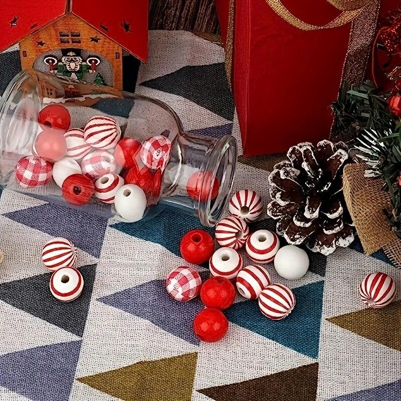 50pcs Red And White Striped Round Wooden Loose Beads, 16mm Polished Spacer Beads With Hemp Rope For Valentine's Day, Holiday