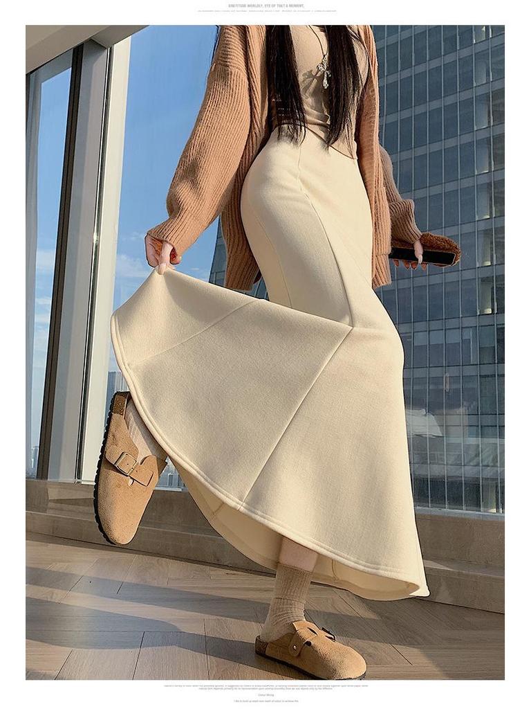High Waist Woolen Fishtail Skirt - Autumn/Winter 2026, Slimming A-Line Long Skirt for Women.