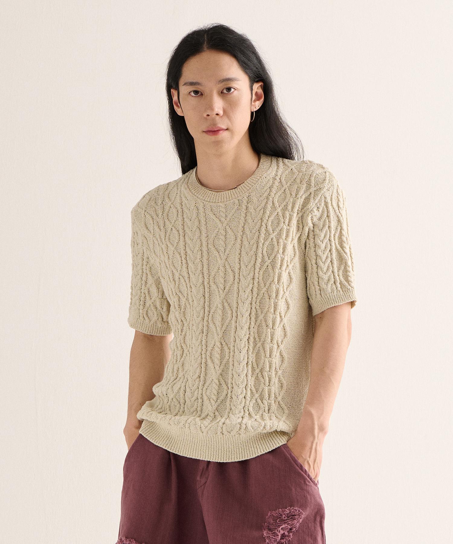 Analog Mood Boucle Round Semi Short Sleeve Knit (Beige) Free