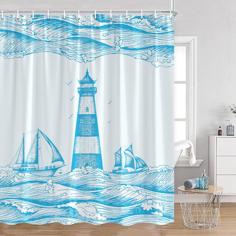 Nautical Cartoon Shower Curtain Lighthouse Sailboat Compass Adventure Treasure Map Bathroom Decor Kids Polyester Bath Curtain