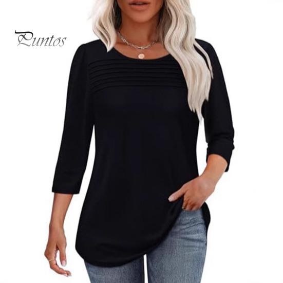 Women Tops Round Neck 3/4 Sleeve Pleated Blouse Spring Summer Solid Color Loose Fit Casual T-shirt Daily Wear