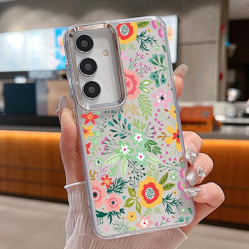 Floral Pattern Case For Samsung S26 S25 Ultra S24 FE S23 Plus S22 S21 A15 A16 A17 A35 A36 A37 A54 A55 A56 A57 5G Plating Lens Soft Cover