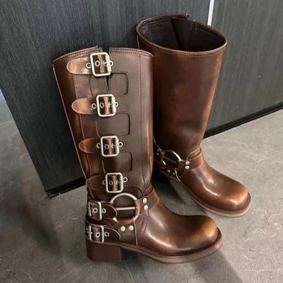 Bottes vintage d'automne et d'hiver les plus récentes, bottes de cowboy occidentales fines d'été, bottes à talons moyens, bottes de cavalerie en cuir Zapatos Mujer