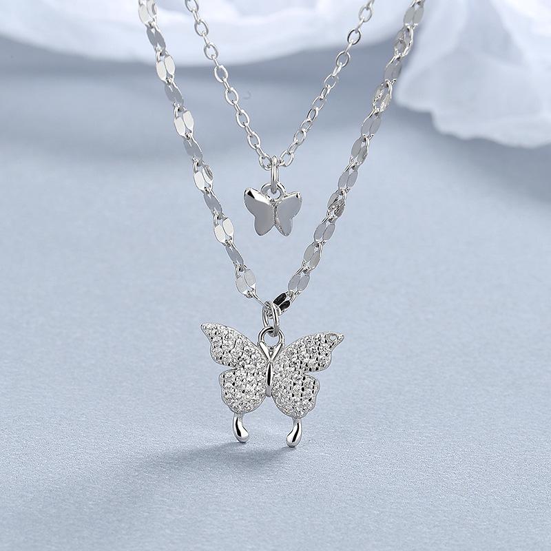 Fashion Shiny Diamond Double Layer Butterfly Necklace Collarbone Chain Charm Necklace Women's Wedding Jewelry Gifts Wholesal