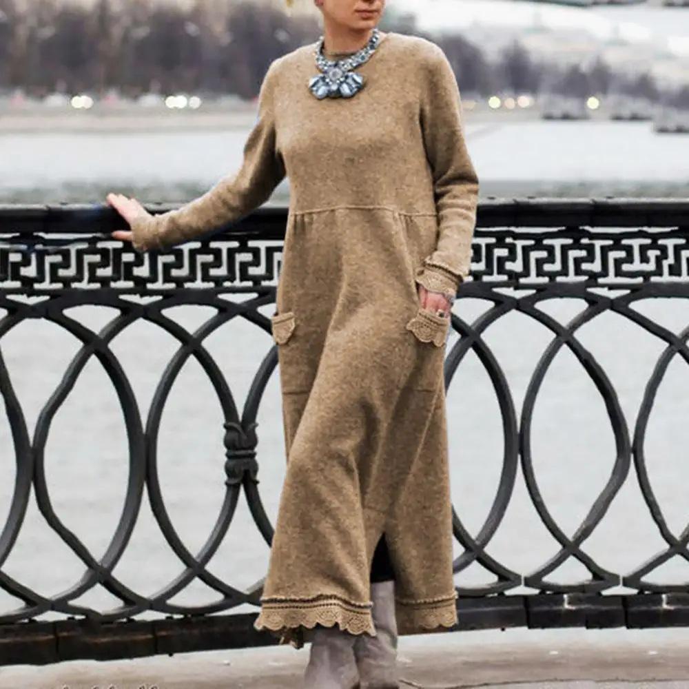 Yeni Sonbahar ve Kış Gevşek Uzun Etek Artı Kadife Sweatshirt Günlük Elbise Kadın Moda Düz O Yaka Uzun Kollu Tatil Elbisesi