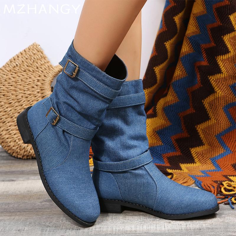 Fashion Cowboy Chunky Woman Mid Calf Boots Designer Casual Cozy Walking Shoes 2024 Winter New Trend Dress Fashion Goth Zapatillas Female
